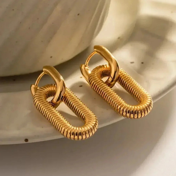 Anthropologie Bohemian Stainless Steel Gold Buckle Hoop Hollow Drop Earrings - Picture 1 of 8
